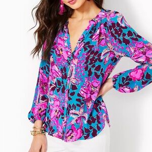 LILLY PULITZER Saige Long Sleeve Silk Top EUC